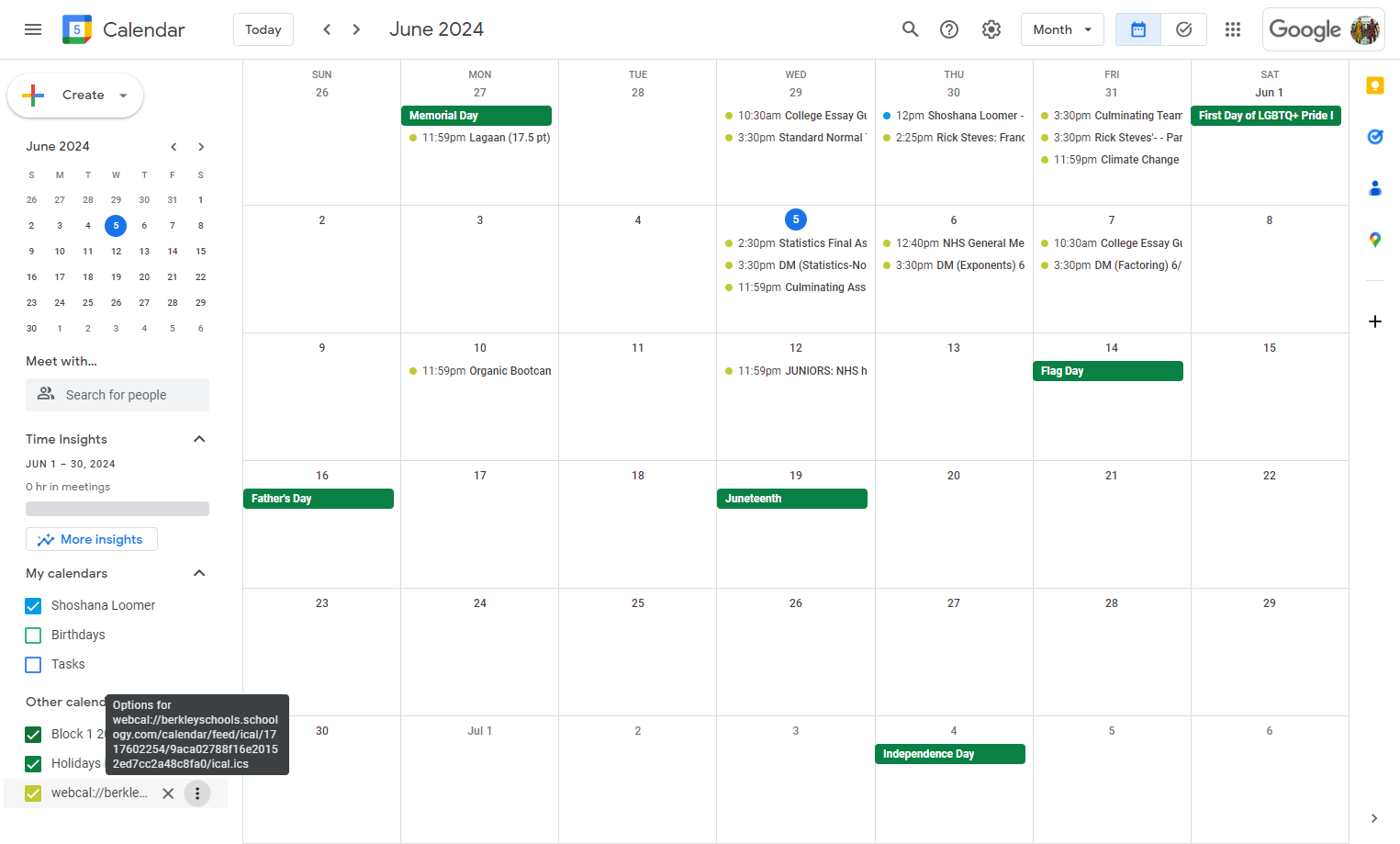 Click on the three dots (options) for webcal Schoology calendar
