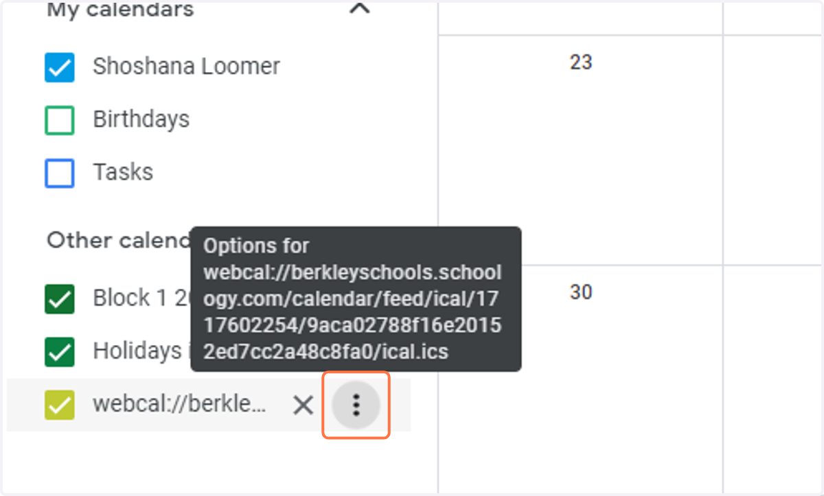 Click on the three dots (options) for webcal Schoology calendar