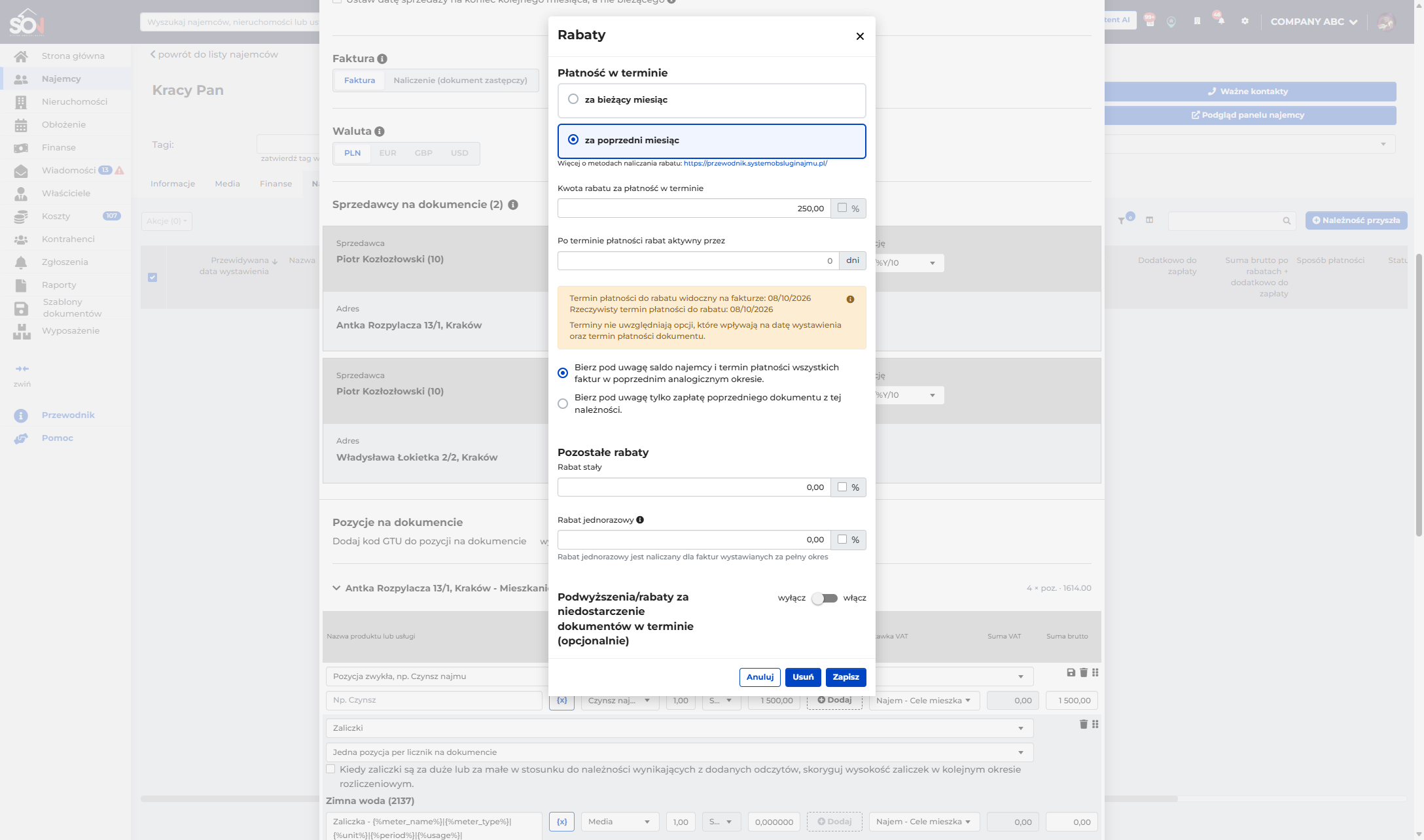 Wybierz tą opcje jeśli chcesz aby rabat brał pod uwagę saldo najemcy - obejmuje ono wszystkie wystawione dokumenty na karcie najemcy
