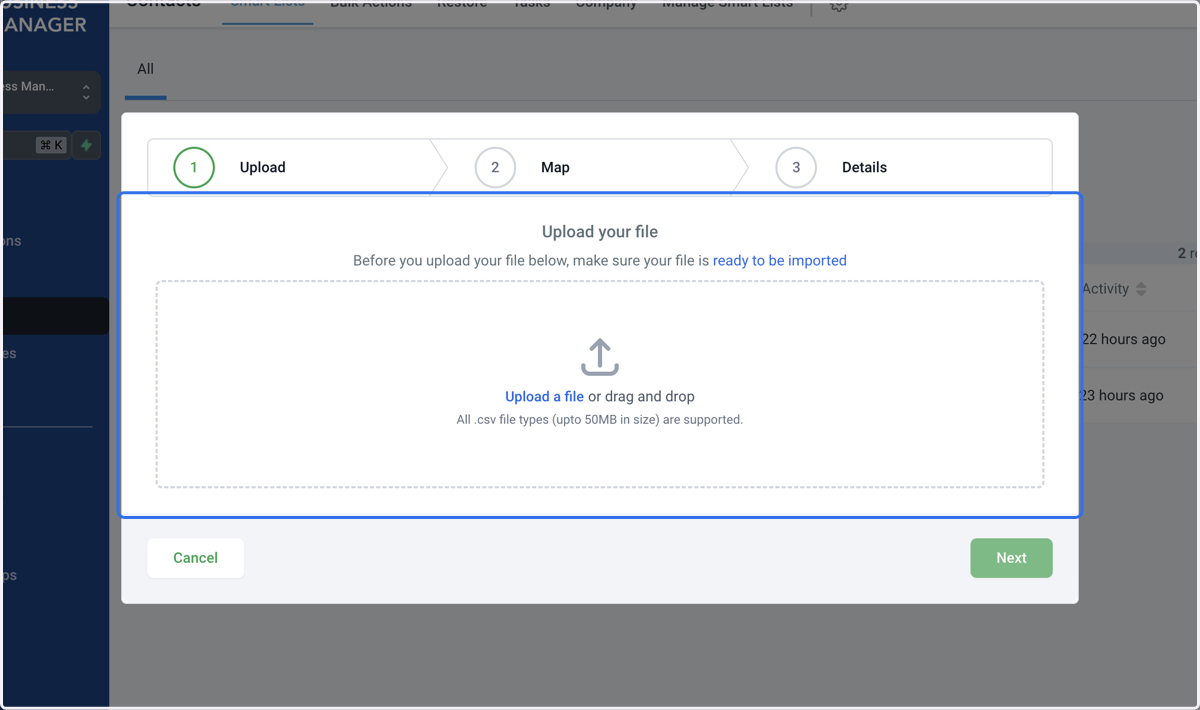 A box will open for you to upload your CSV file