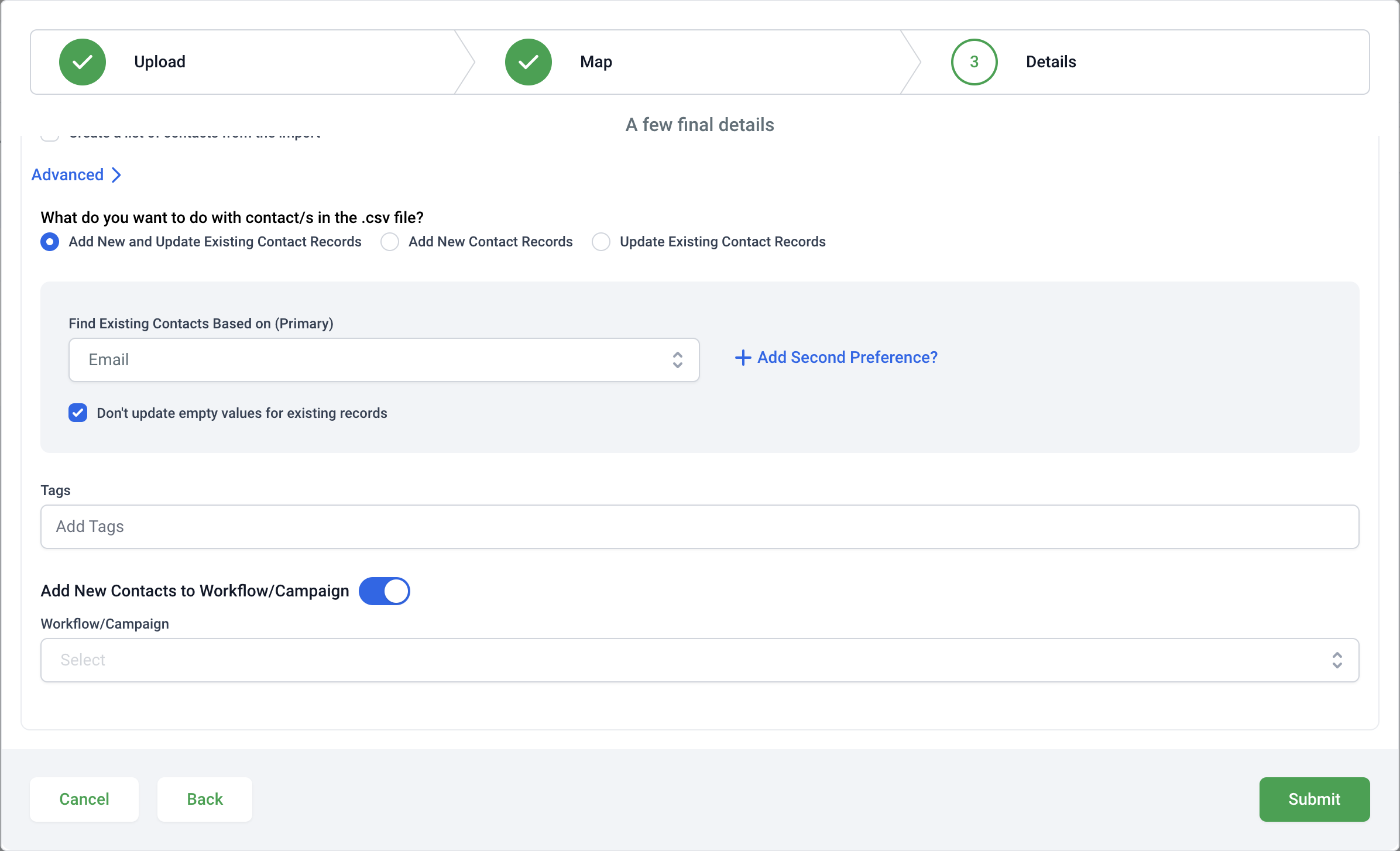 If needed, use the Advanced tab to further edit how the contact will be imported.
