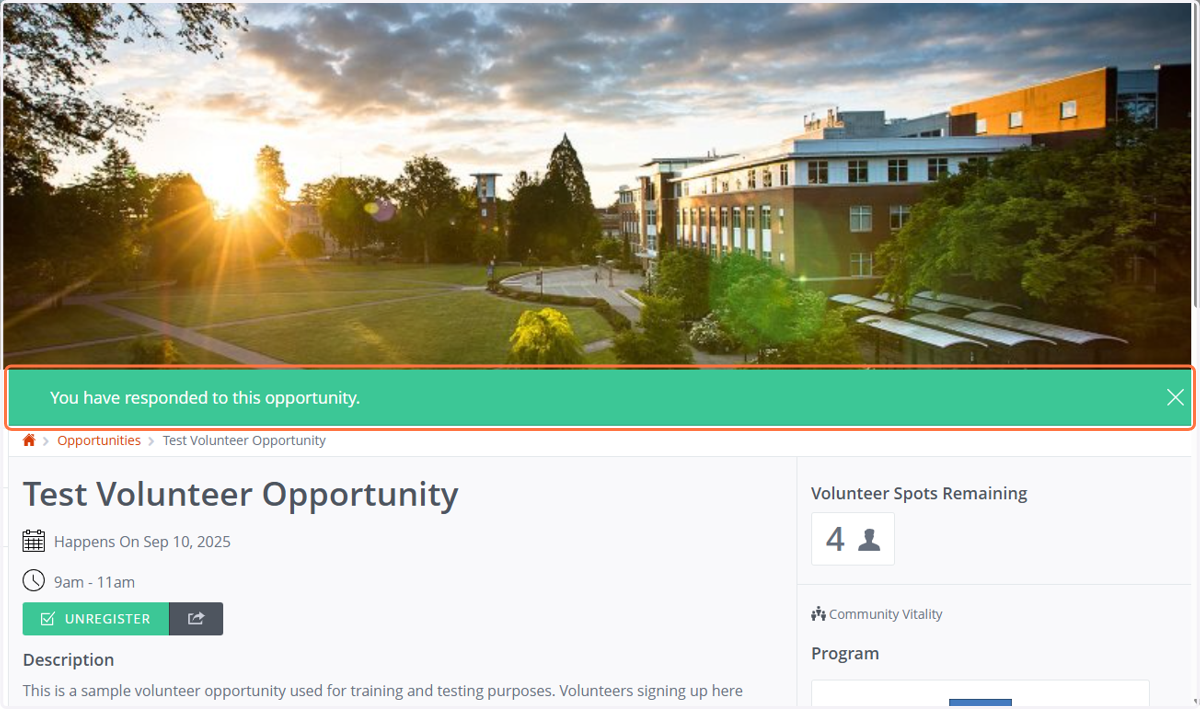 You will see a green bar at the top of the screen with the message “You have responded to this opportunity.” Congratulations!