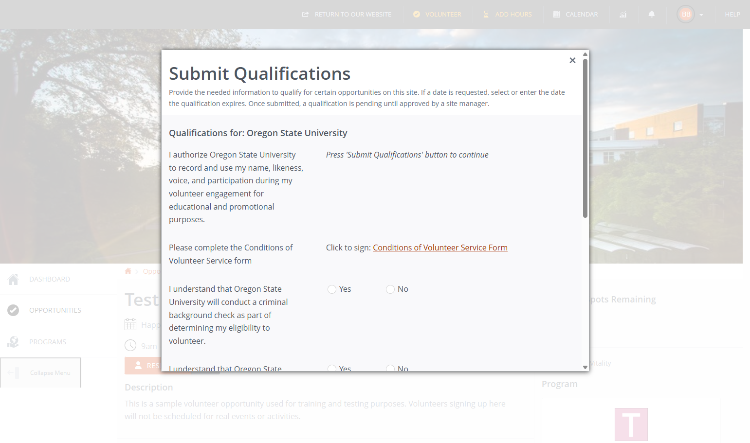 The next form is the Conditions of Volunteer Service form.