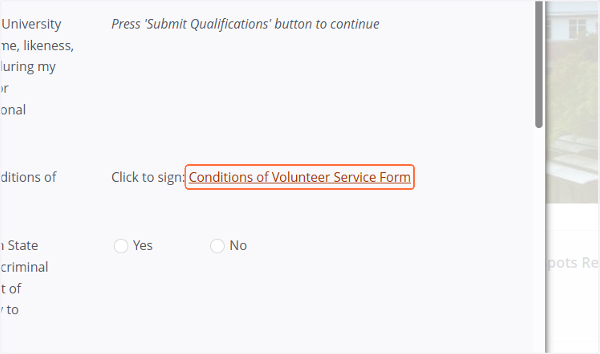 The next form is the Conditions of Volunteer Service form.