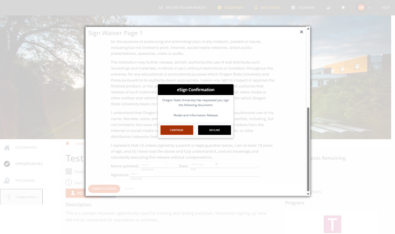 The eSign Confirmation field will open. Please click “Continue” to proceed.