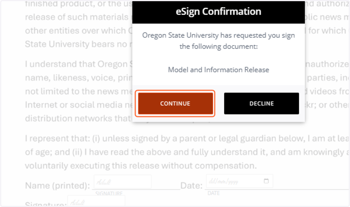 The eSign Confirmation field will open. Please click “Continue” to proceed.
