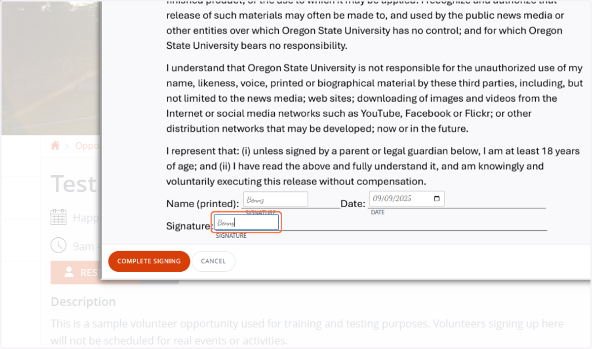 1. Read the document and scroll down to the signature field. 2. Type your full name exactly as it appears on your photo ID. 3. After the word “Signature,” enter the date and then sign the document by typing your name a second time.