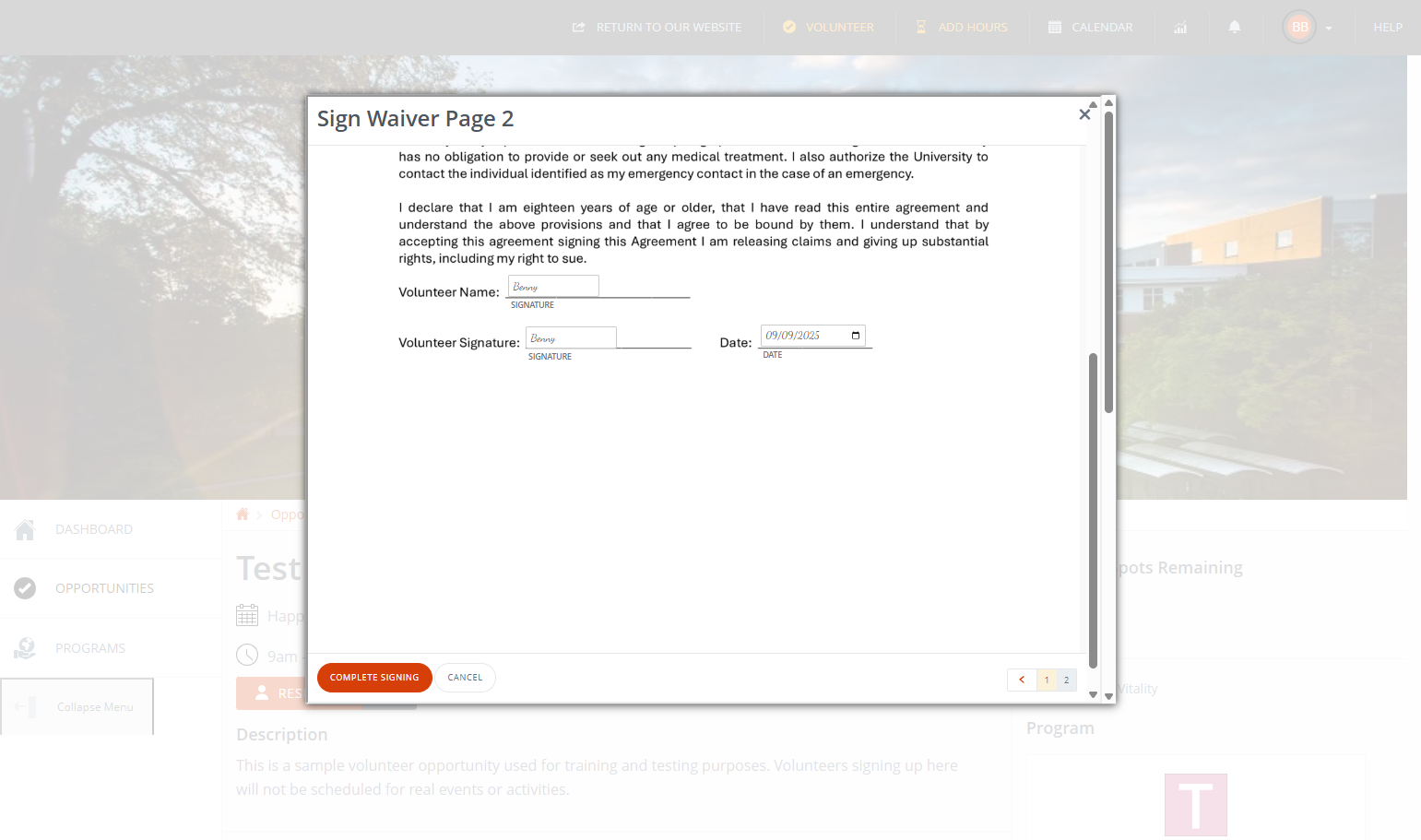 1. Read the second page of the document and scroll down to the signature field. 2. Type your full name exactly as it appears on your photo ID. 3. After the word “Signature,” enter the date and then sign the document by typing your name a second time.