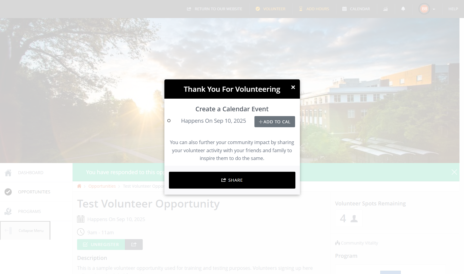 Once you've successfully submitted your opportunity response, a “Thank You For Volunteering” message will appear on your screen.