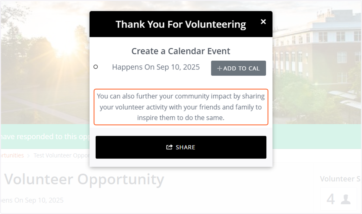 Once you've successfully submitted your opportunity response, a “Thank You For Volunteering” message will appear on your screen.