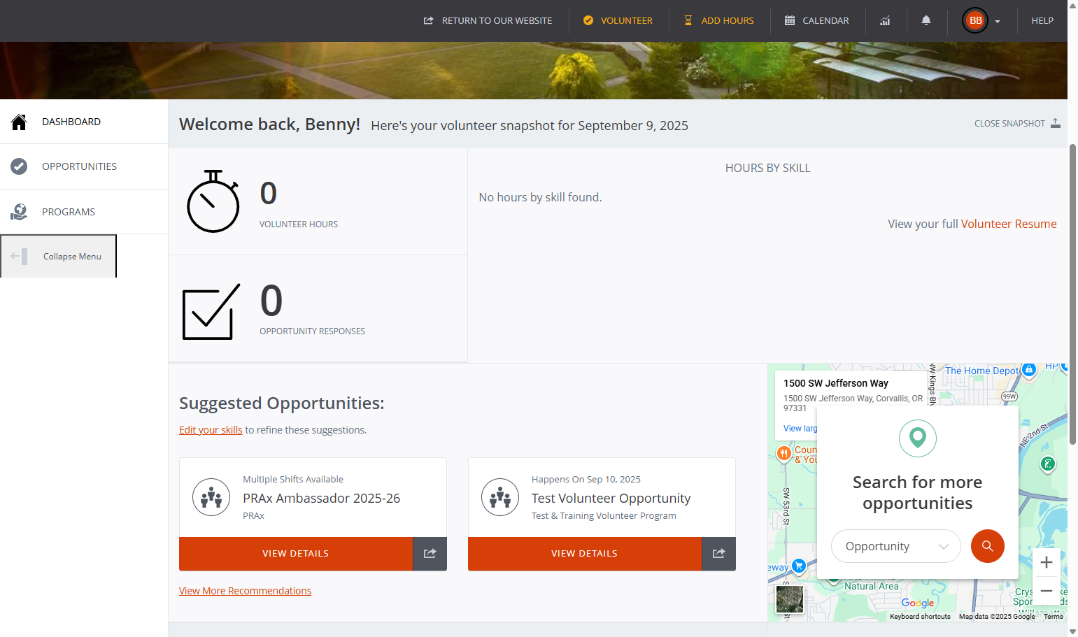 Once you are logged in, you will land on your dashboard. From here, you have two options to find a volunteer opportunity. All three are explained below. 1. Look at the Suggested Opportunities section: