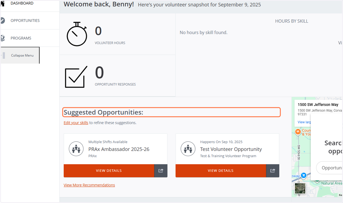 Once you are logged in, you will land on your dashboard. From here, you have two options to find a volunteer opportunity. All three are explained below. 1. Look at the Suggested Opportunities section: