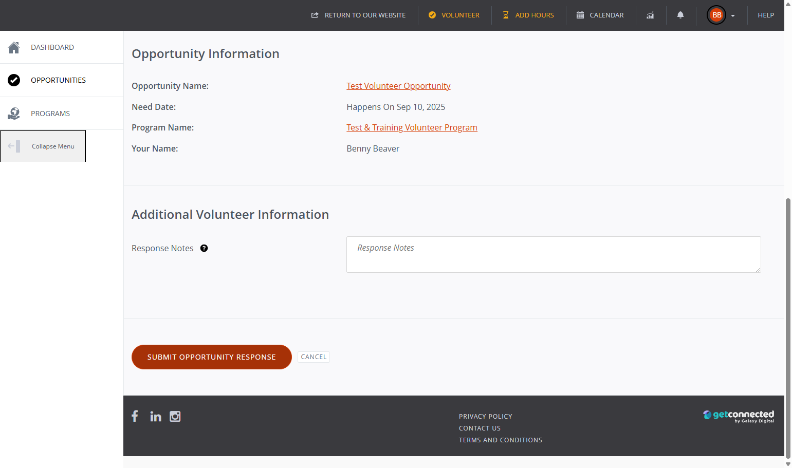 You’ll be taken to the Opportunity Response page, where you’ll see your name and program details pre-filled. Optionally, add any Response Notes in the text box. Click the “Submit Opportunity Response” button to complete your sign-up.