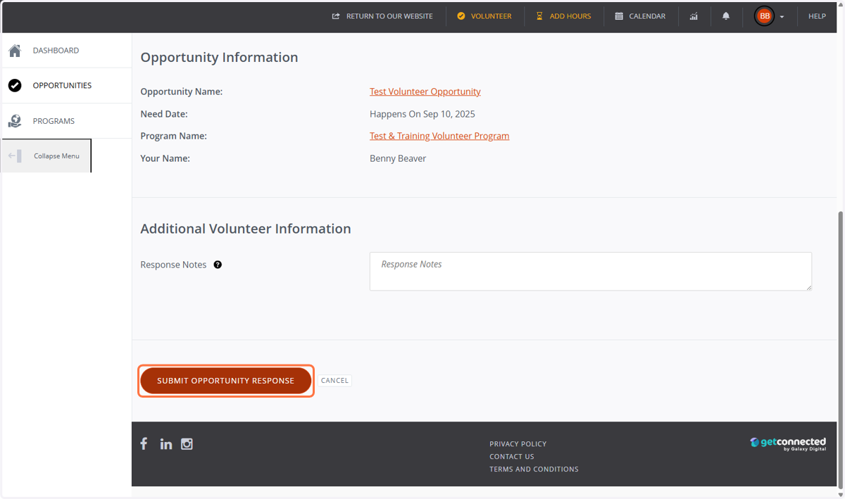 You’ll be taken to the Opportunity Response page, where you’ll see your name and program details pre-filled. Optionally, add any Response Notes in the text box. Click the “Submit Opportunity Response” button to complete your sign-up.