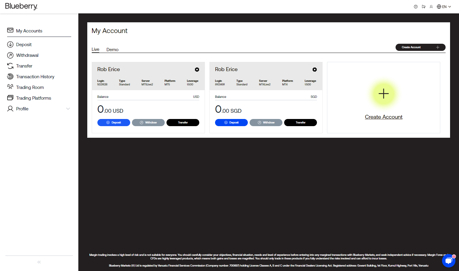 Login to the client portal and choose the trading account you want to deposit funds into and click on Deposit.