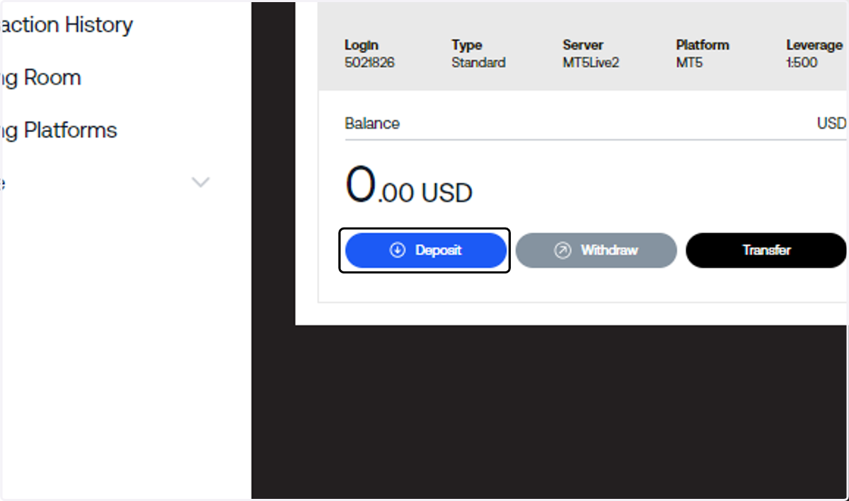 Login to the client portal and choose the trading account you want to deposit funds into and click on Deposit.