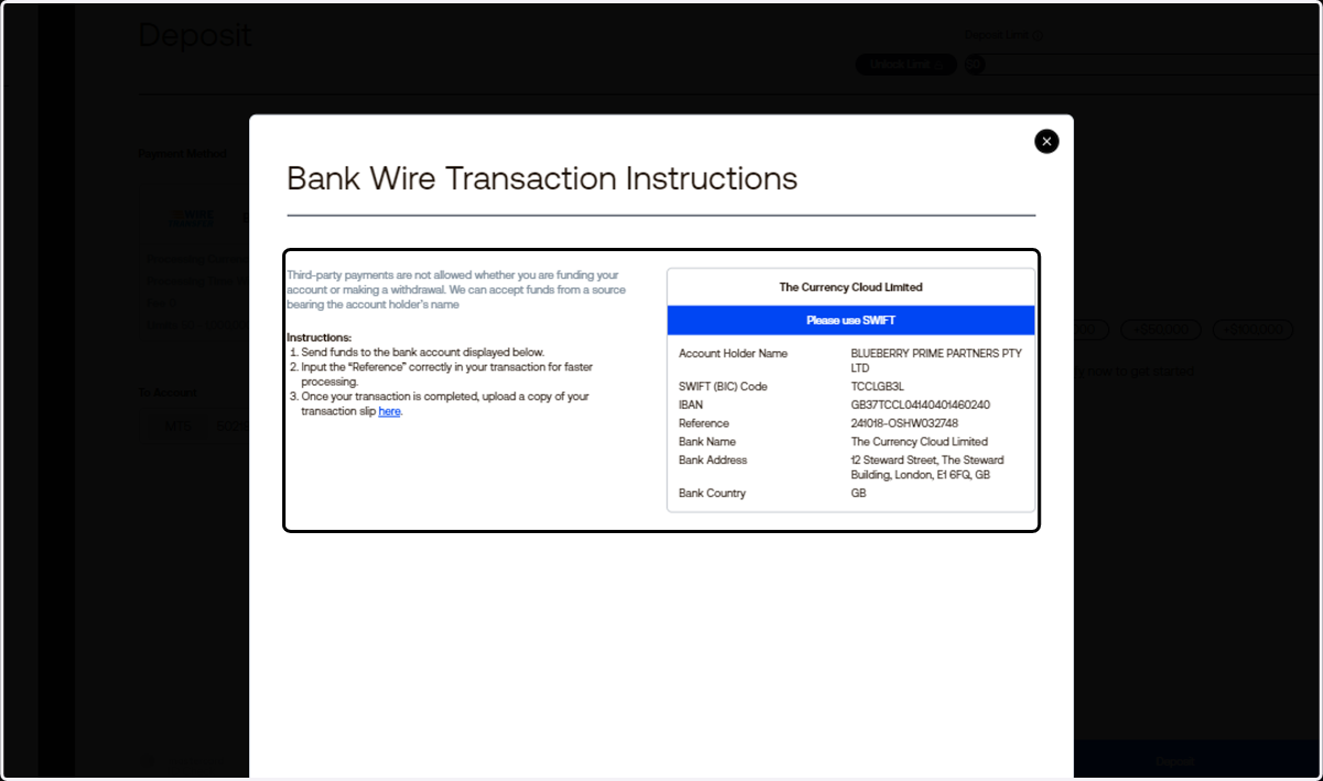 Send the funds to the bank account shown on the screen.
