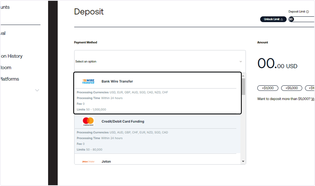 Under Payment Method, click on Bank Wire Transfer.
