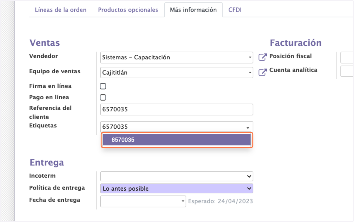 Click en Crear "Numero de Orden"