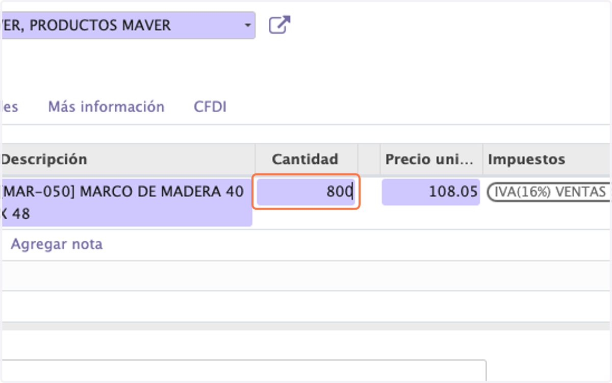Ingresa cantidad de piezas solicitadas en la orden de compra