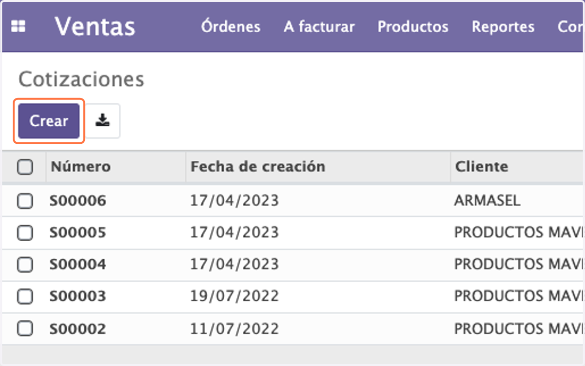 En la nueva ventana que aparece, seleccione el botón de Crear para crear una nueva solicitud de cotización