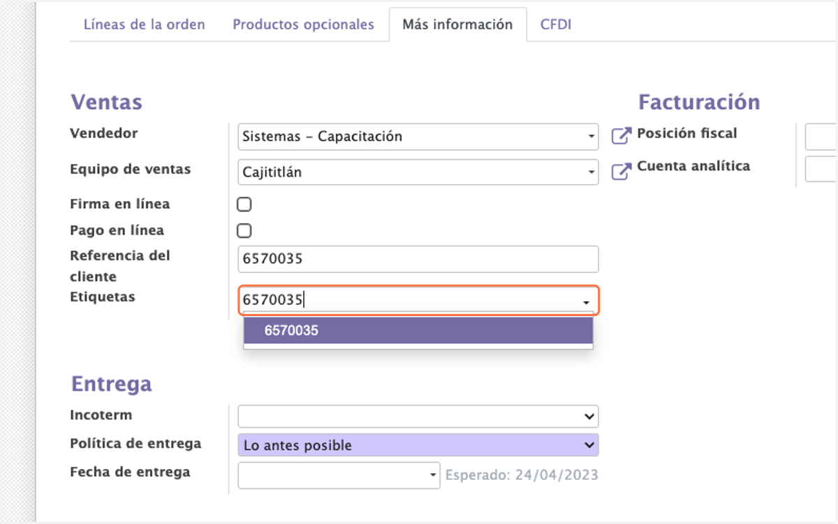 Escriba nuevamente el Numero de Orden de Compra en el campo Etiqueta