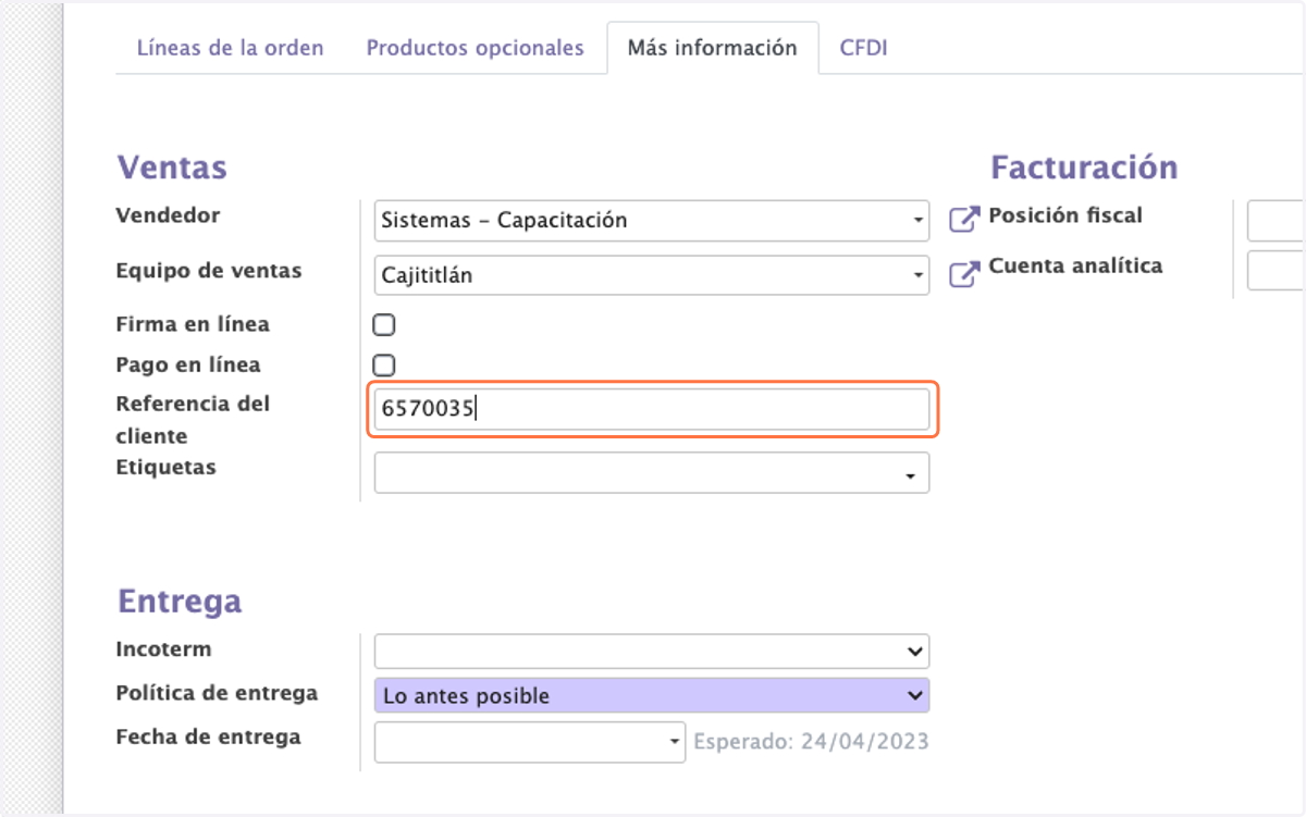 Escriba el Numero de Orden de Compra en el campo Referencia del cliente