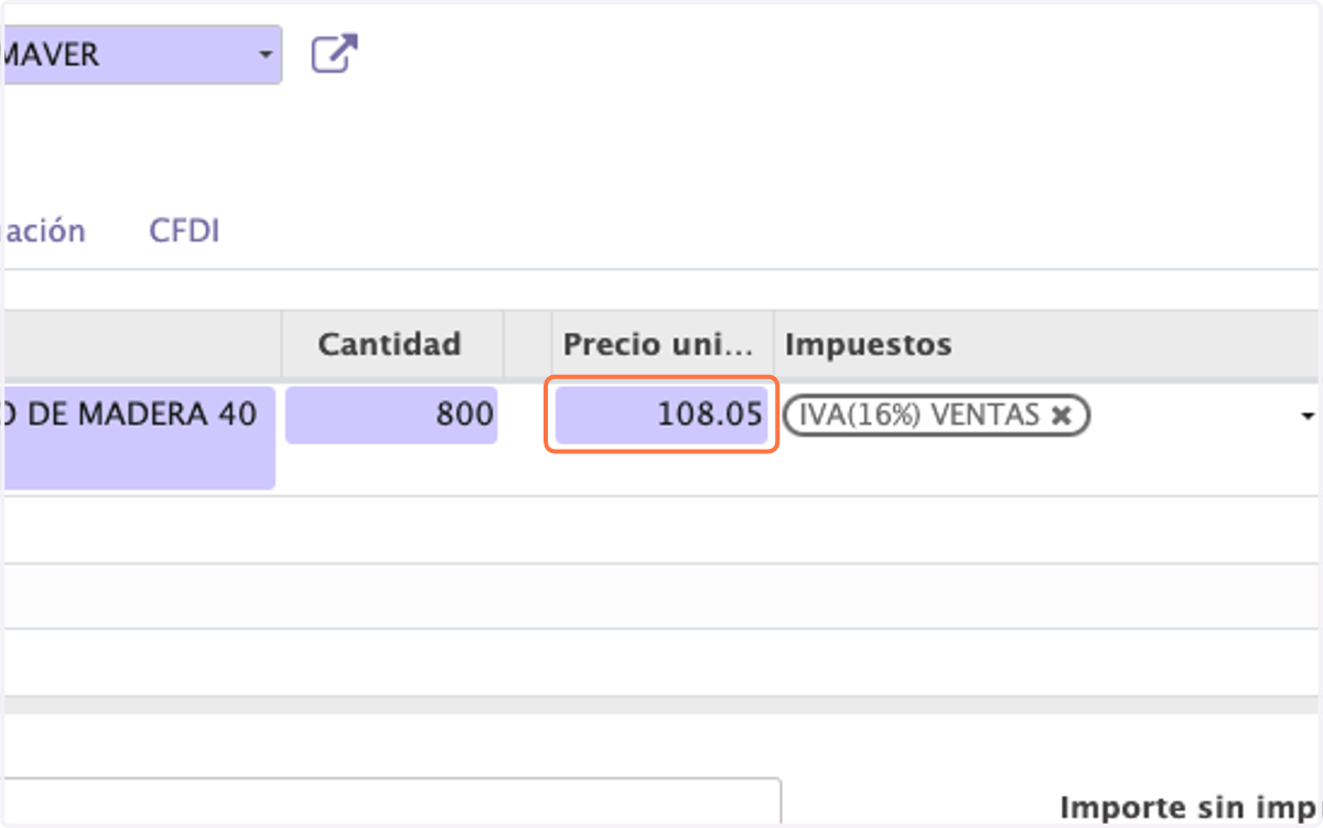 Ingresa el precio establecido en la orden de compra