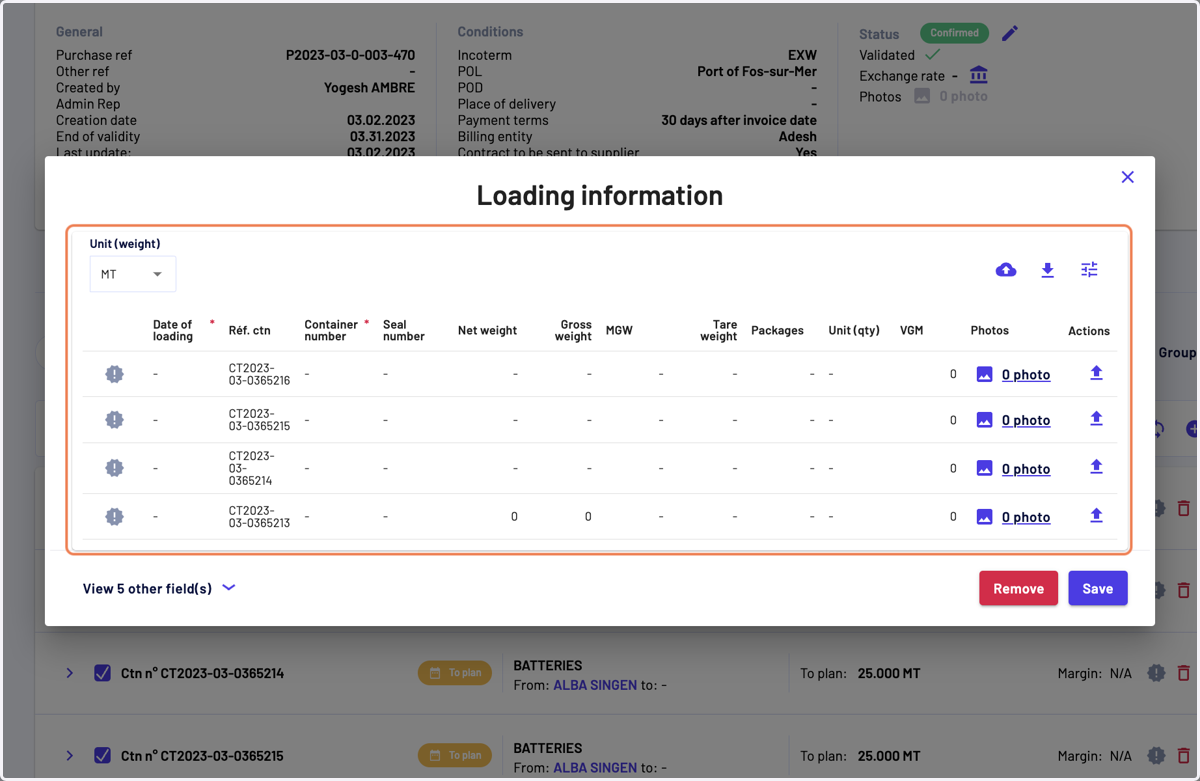 It opens a modale where you can either do a bulk action (by clicking on Download template) or enter details manually