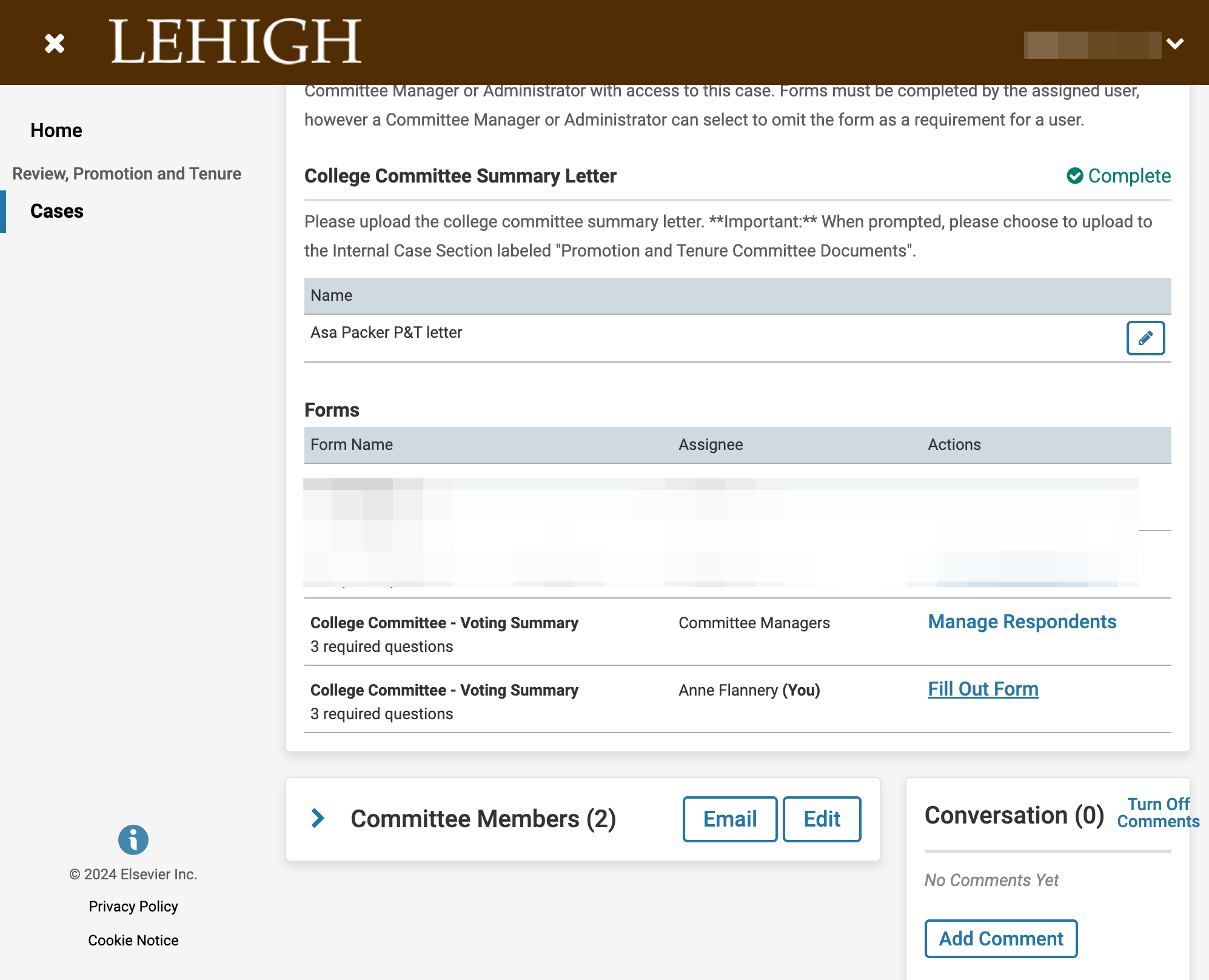 Click on Fill Out Form next to College Committee - Voting Summary