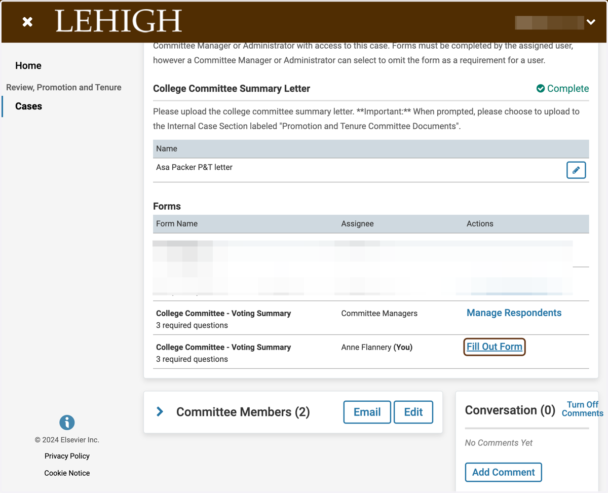 Click on Fill Out Form next to College Committee - Voting Summary