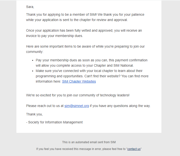 Below is what your application confirmation will look like.