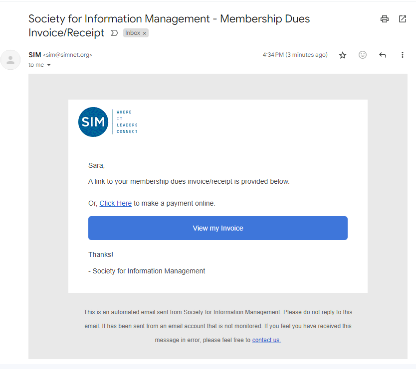Below is what your membership invoice notification will look like.