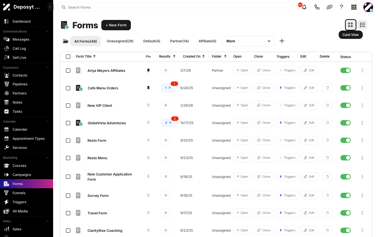 Step 2: You are then navigated to Forms. Click the Card View button to switch to card view.