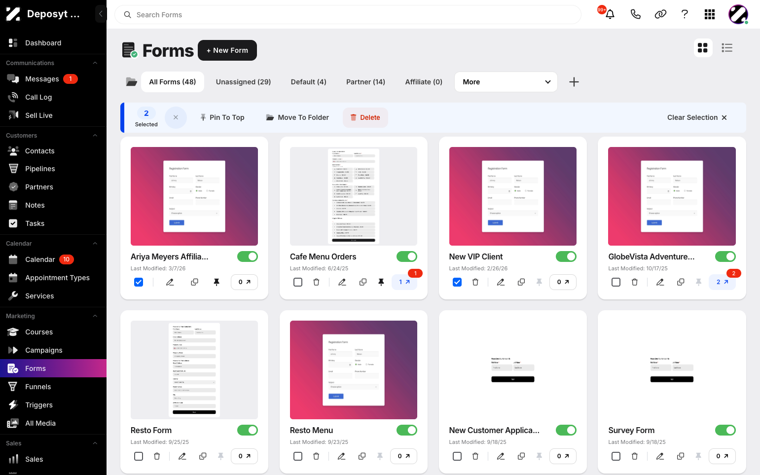 Step 4: New options appear at the top to perform bulk actions, such as Pin to Top, Move to Folder, and Delete. Select the bulk action you want to perform, and it will be applied to all selected forms.