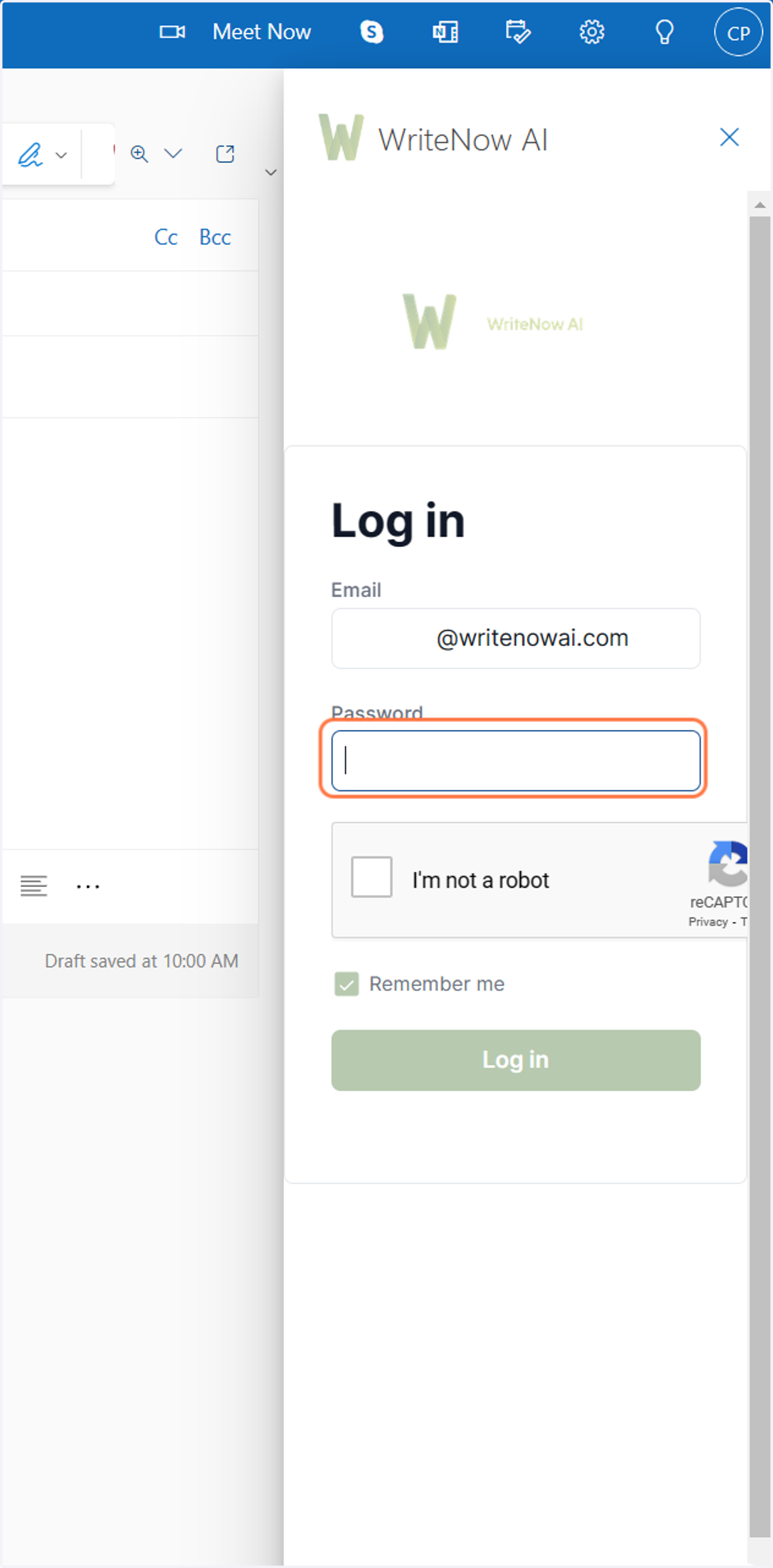 The WriteNow AI sidebar will appear, enter your email and password to login