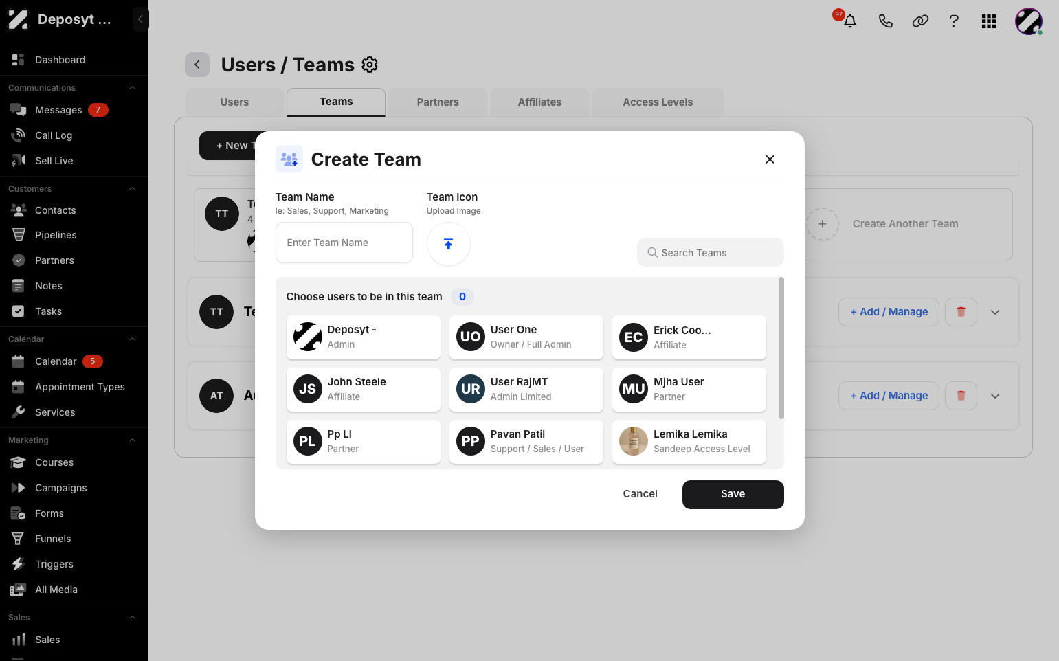 Step 6: A pop-up will appear where you can enter the team name, upload a team icon, and choose the users to include in the team. Click the Save button when done.