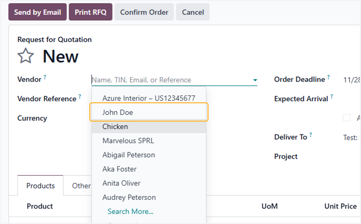 Select vendor. For Example. John Doe