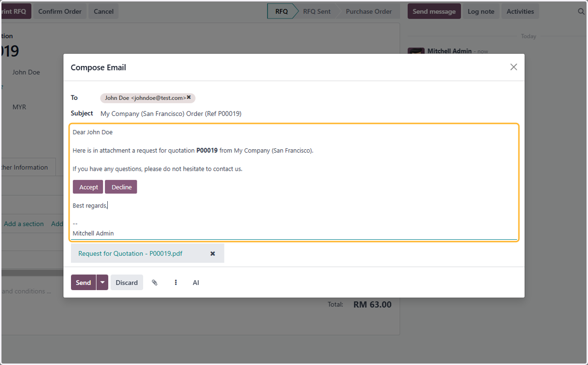 Email is automatically drafted based on template, amend if necessary.