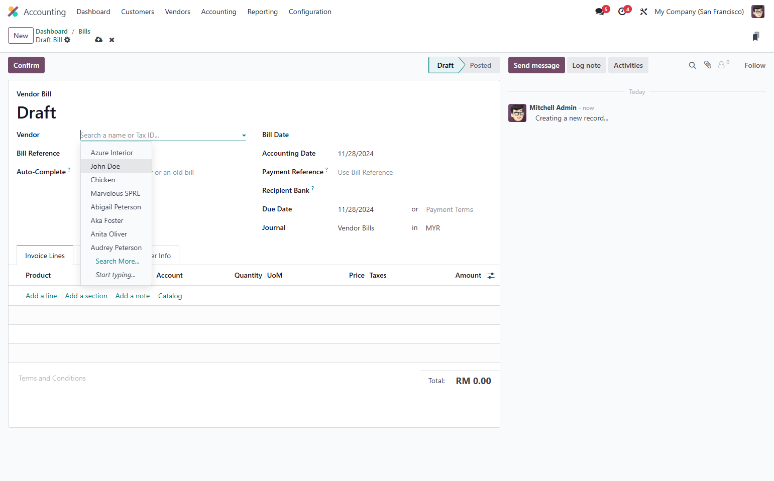 Select a vendor. For example, John Doe