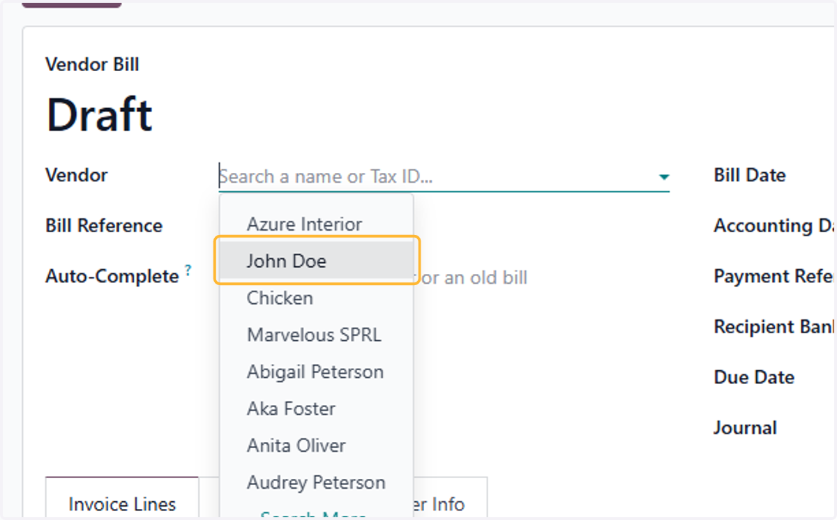 Select a vendor. For example, John Doe