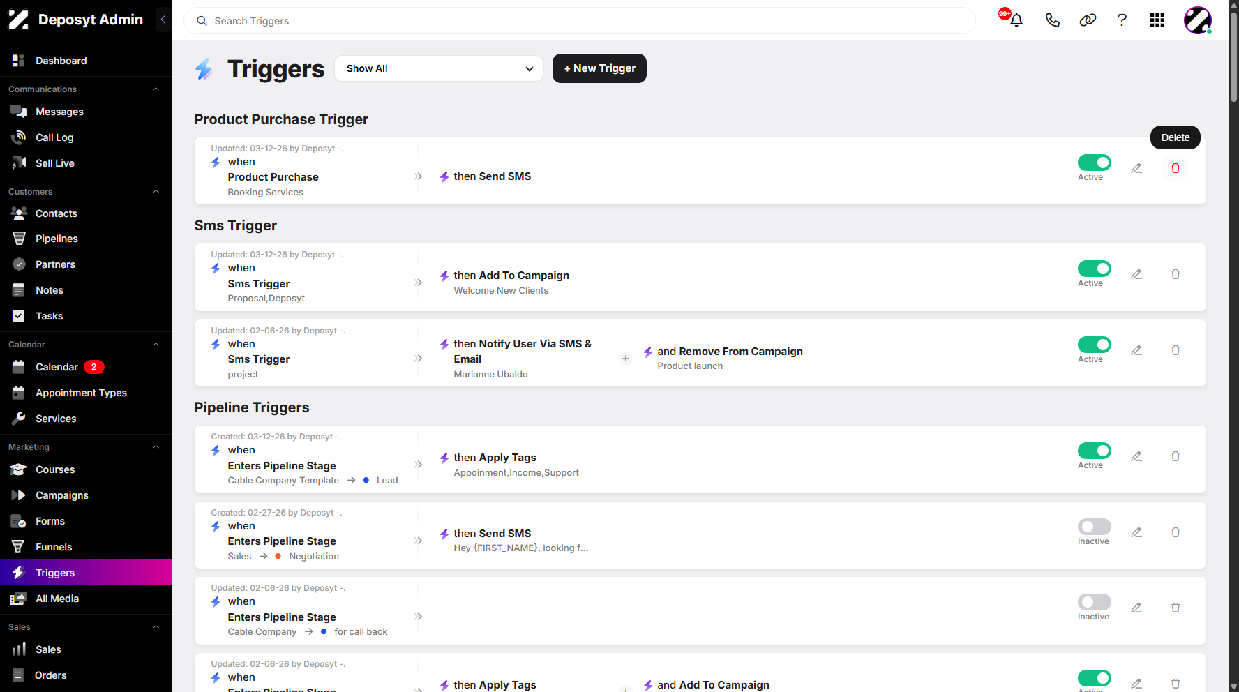 Step 3: Select an existing trigger, then click Delete to proceed.