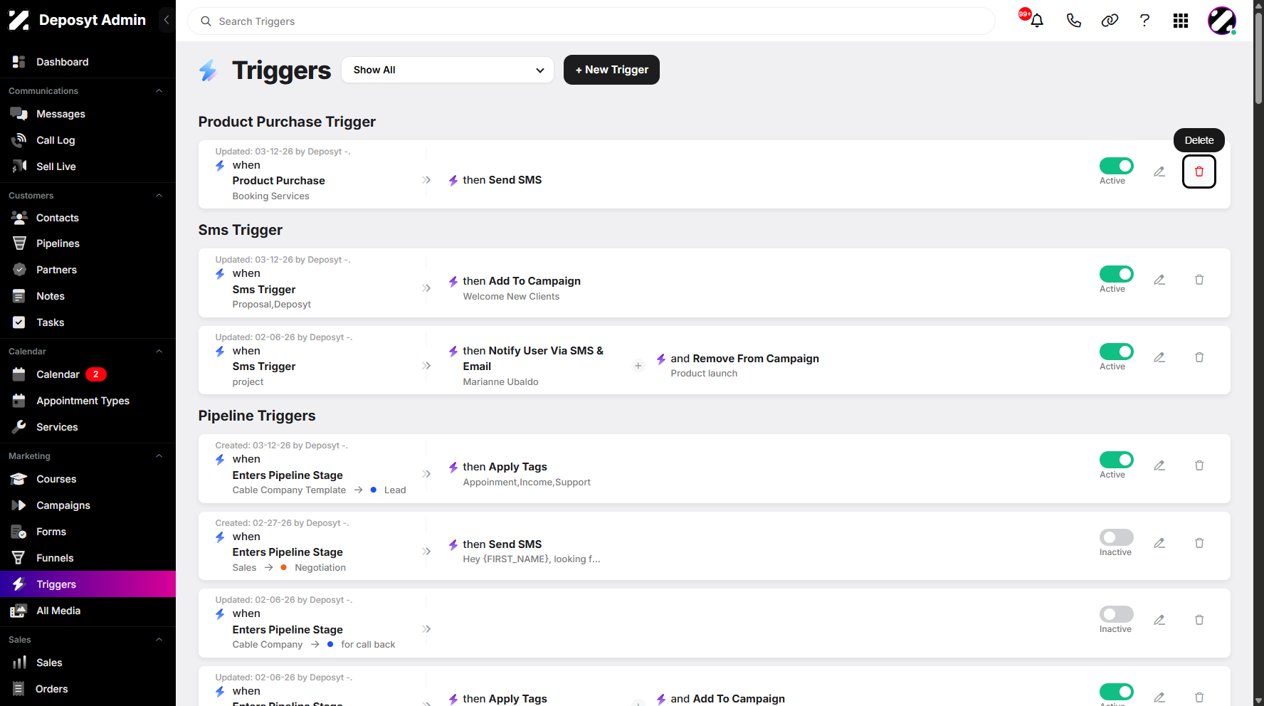 Step 3: Select an existing trigger, then click Delete to proceed.