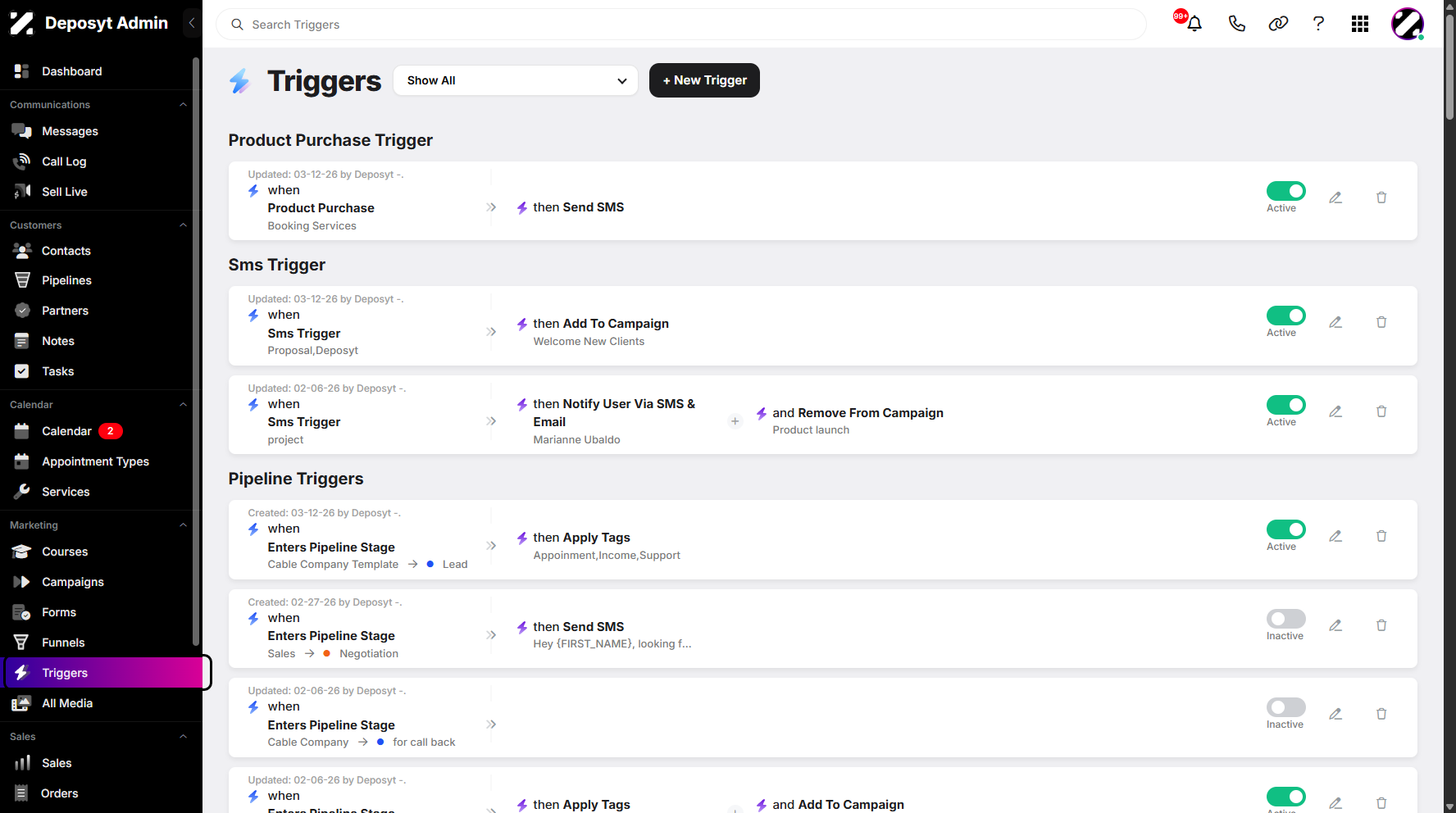 Step 1: On your Dashboard, navigate to the Triggers tab under the Marketing section.
