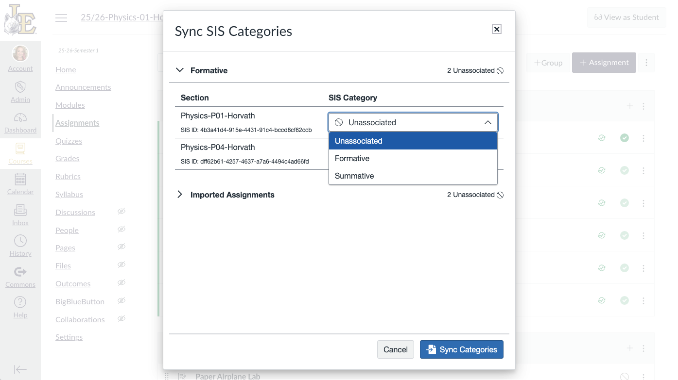 Click on Select SIS category for your class section