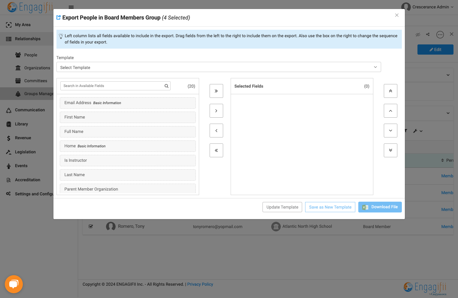 A pop up box appears, allowing you to select the fields you want on your download.
