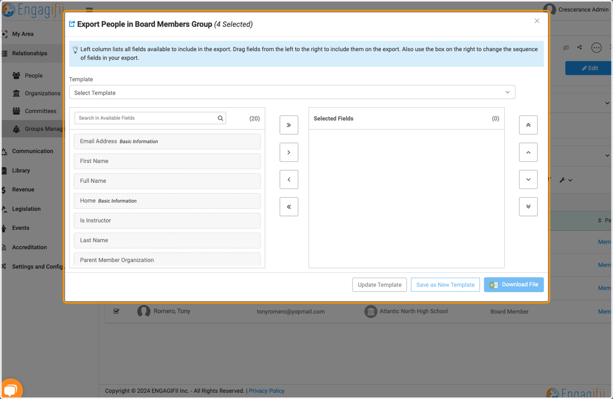 A pop up box appears, allowing you to select the fields you want on your download.