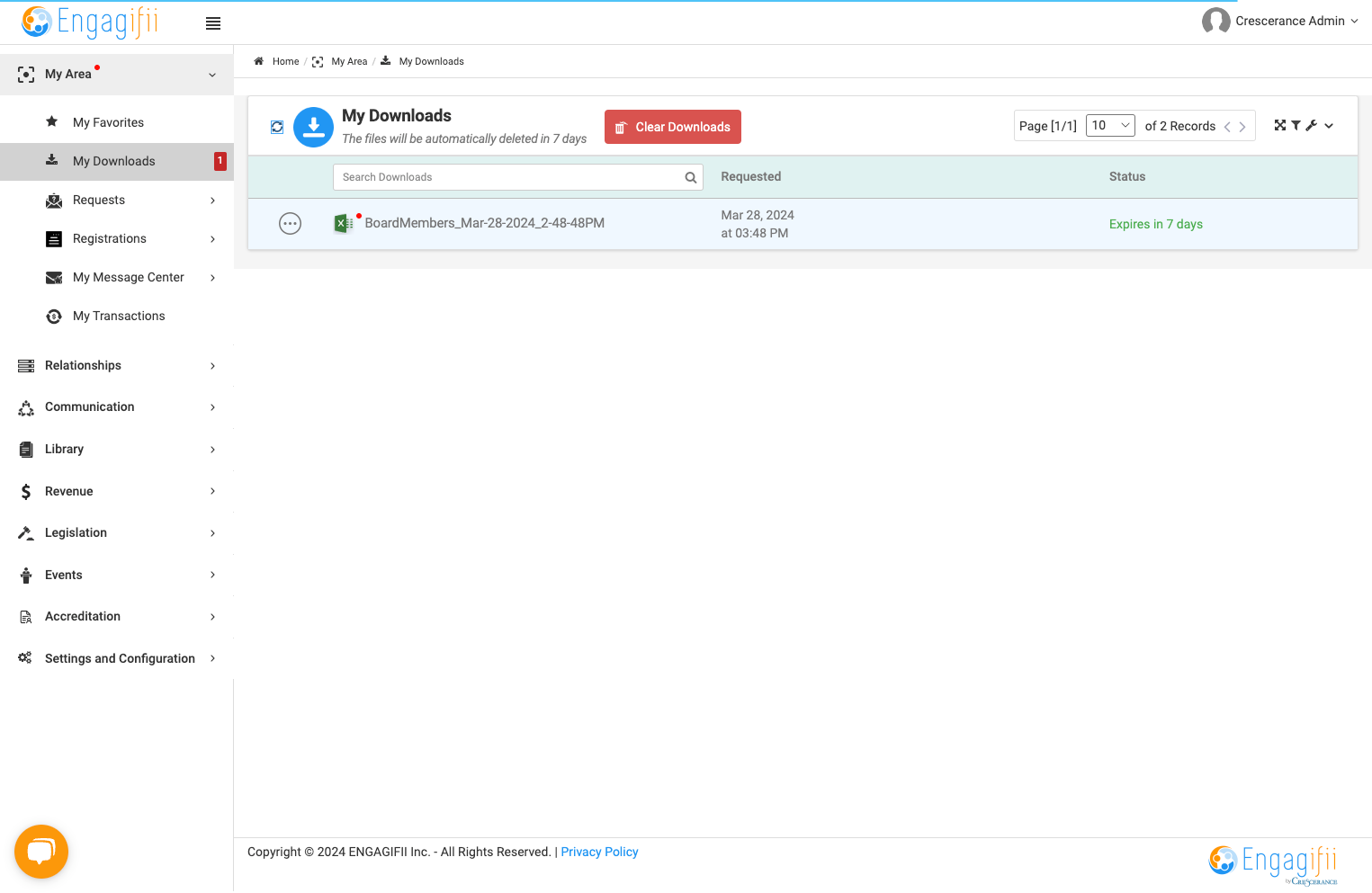 Go to My Area and then My Downloads to access your exported file.