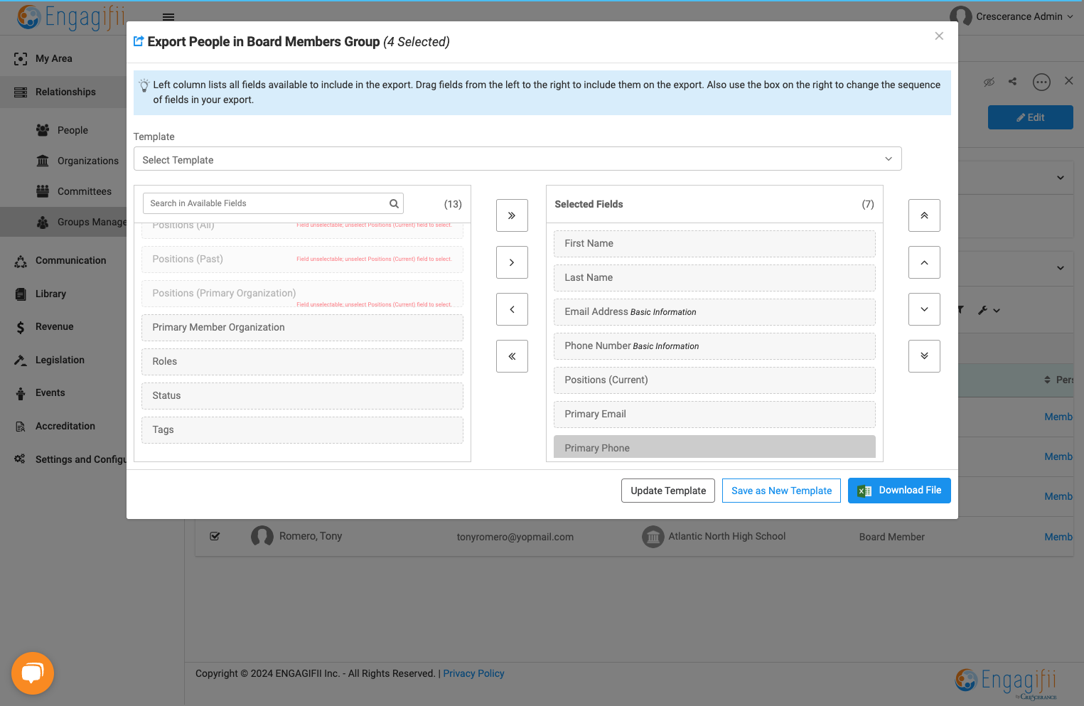 You can drag and drop fields to manually create your export.