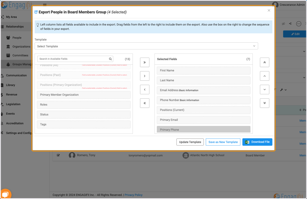 You can drag and drop fields to manually create your export.